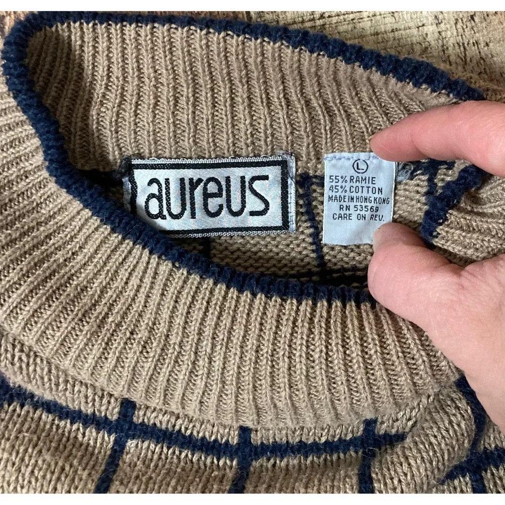 Vintage Aureus Mens Illinois Grid Colorblock Sweater‎ Tan Navy Coral Large